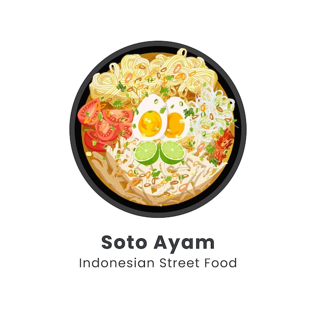 Ilustración vectorial dibujada a mano de Soto Ayam o sopa de pollo Comida tradicional de Indonesia