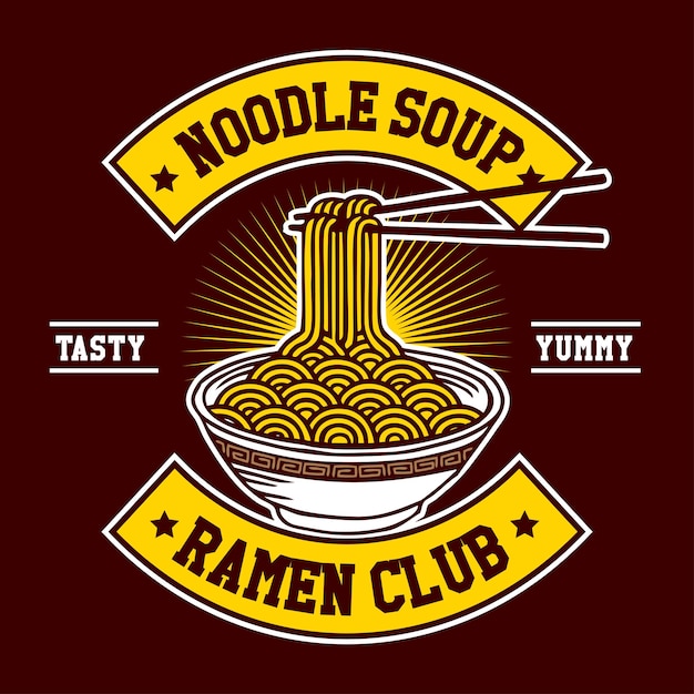 Ilustración vectorial dibujada a mano Tazón de fideos ramen Palillos Parche Emblema Estilo de diseño de insignia