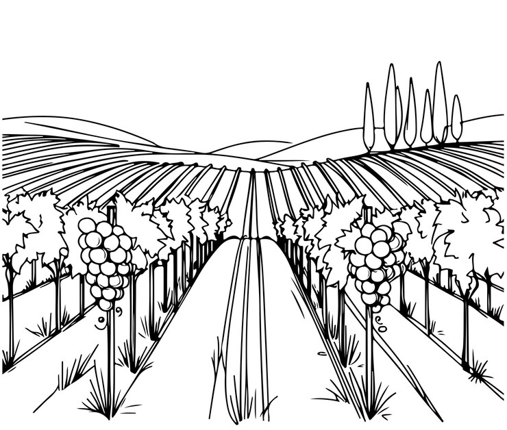 Ilustración vectorial dibujada a mano de tierras de cultivo Linear de campos de uvas simples