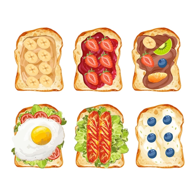 Ilustración vectorial dibujada a mano tostadas dulces y saladas