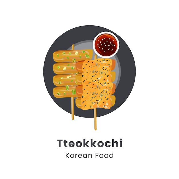 Ilustración vectorial dibujada a mano de los tradicionales pinzones de pasteles de arroz de la comida callejera coreana o tteokkochi