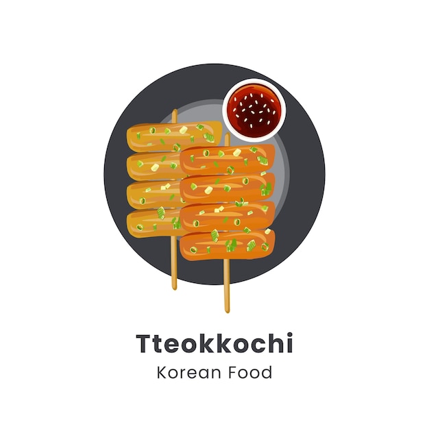 Ilustración vectorial dibujada a mano de los tradicionales pinzones de pasteles de arroz de la comida callejera coreana o tteokkochi