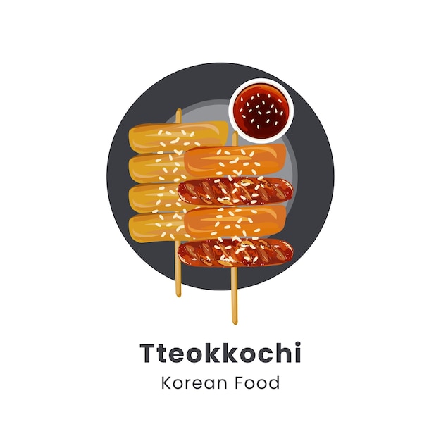 Vector ilustración vectorial dibujada a mano de los tradicionales pinzones de pasteles de arroz de la comida callejera coreana o tteokkochi