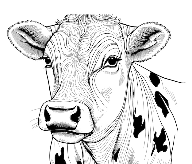 Vector ilustración vectorial dibujada a mano de una vaca y página para colorear sobre fondo blanco