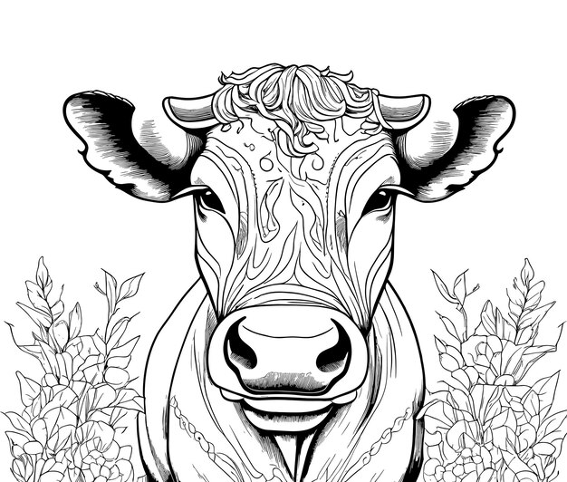 Vector ilustración vectorial dibujada a mano de una vaca y página para colorear sobre fondo blanco