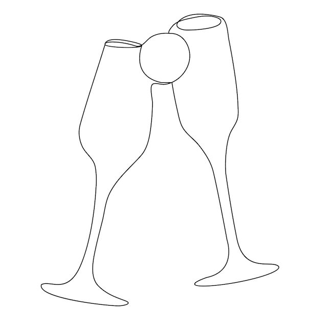 Ilustración vectorial de dibujo artístico de línea única continua de copa de vino y contorno de elemento de bebida