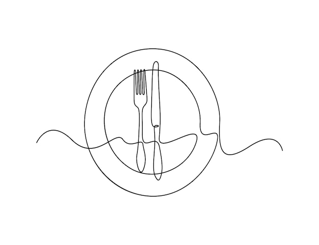 Ilustración vectorial del dibujo continuo de una sola línea de cuchillo y tenedor de placa