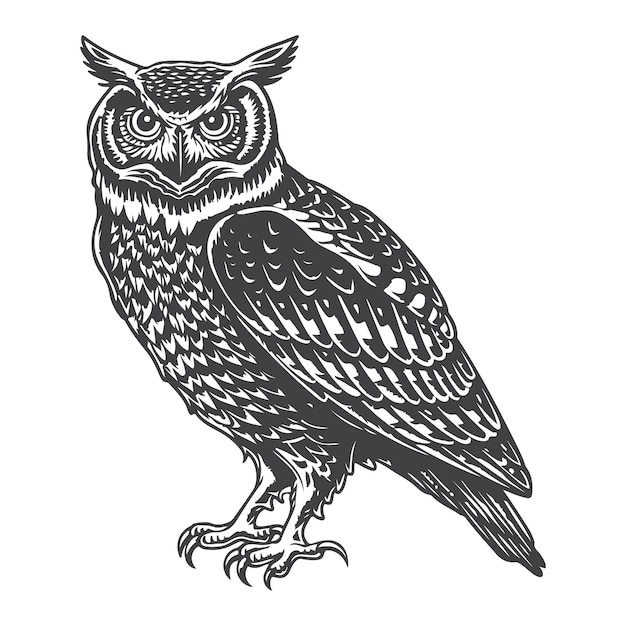 Ilustración vectorial de dibujo en estilo grabado en madera de pájaro nocturno