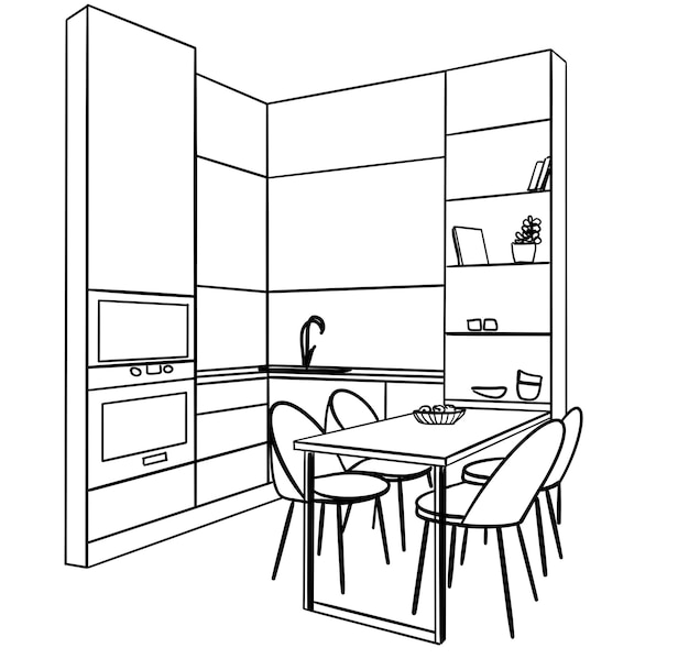 Ilustración vectorial de dibujo interior de la cocina Esbozo de muebles
