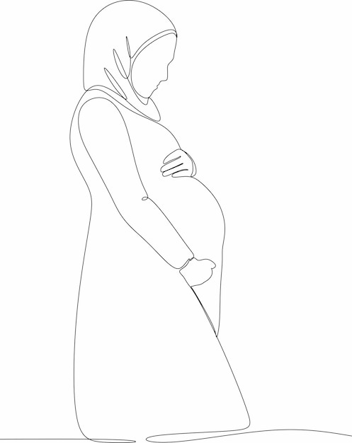 Ilustración vectorial de dibujo de línea continua de una mujer embarazada con hijab