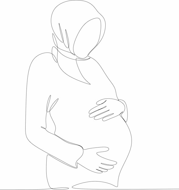 Ilustración vectorial de dibujo de línea continua de una mujer embarazada con hijab