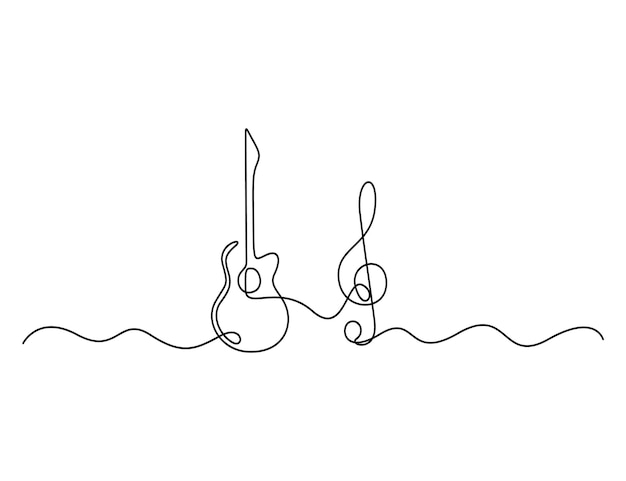 Ilustración vectorial de dibujo de línea única continua de guitarra con notas musicales