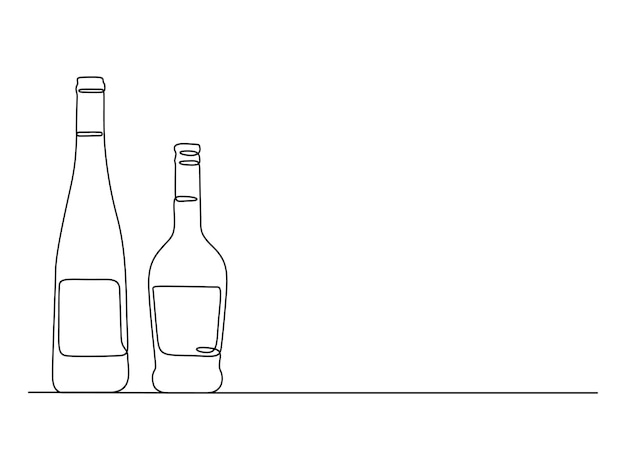 Ilustración vectorial de dibujo de líneas continuas de vaso de vino y botella