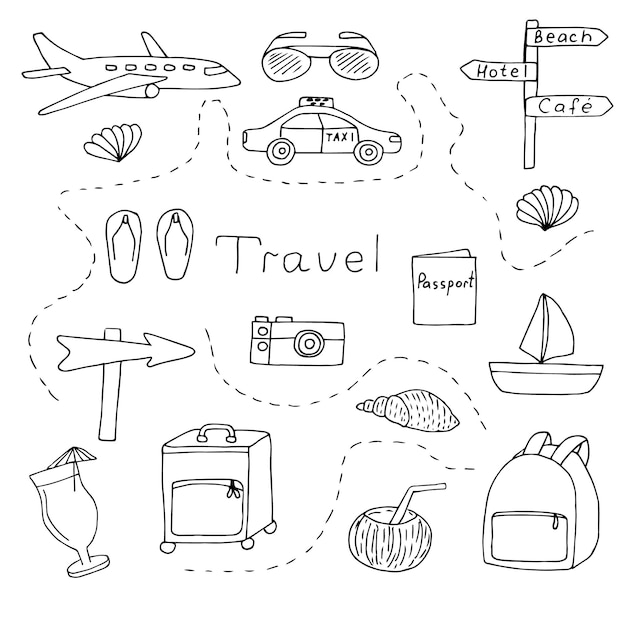 Ilustración vectorial de dibujo a mano de un conjunto de garabates de viaje