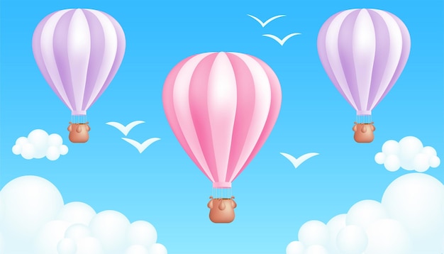 Ilustración vectorial de dibujos animados en 3D realistas de un globo aerostático rayado Colores pastel Pájaros blancos