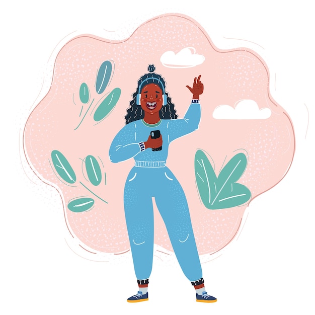 Ilustración vectorial de dibujos animados de una adolescente afro que escucha música con auriculares