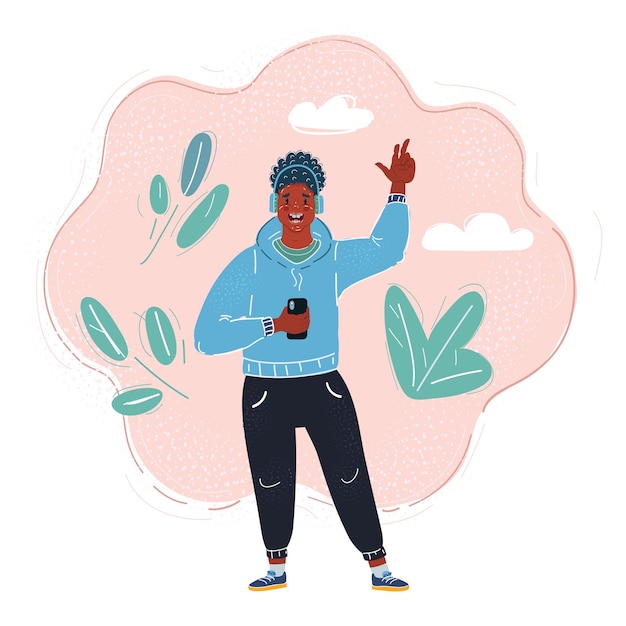 Ilustración vectorial de dibujos animados de un adolescente negro escuchando música de su teléfono inteligente en auriculares