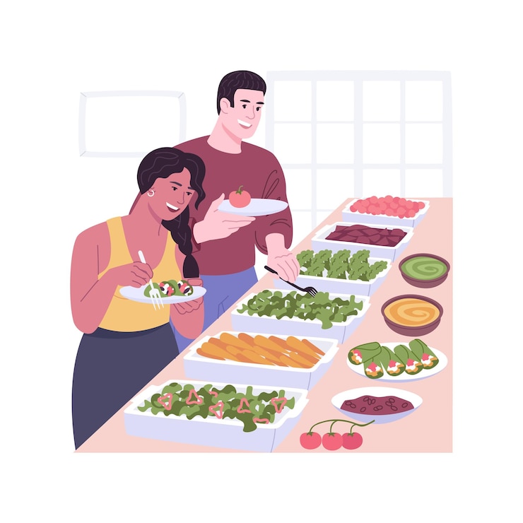 Vector ilustración vectorial de dibujos animados aislados de buffet vegetariano
