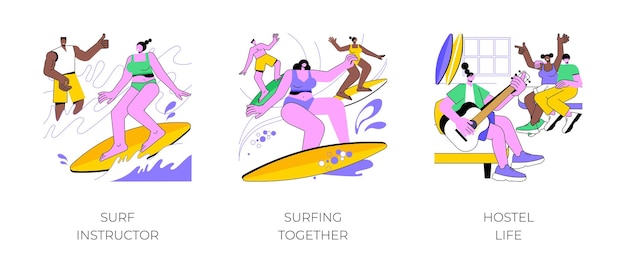 Ilustración vectorial de dibujos animados aislados del campamento de surf