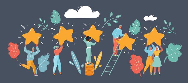 Ilustración vectorial de dibujos animados de Alcanzando las estrellas de hombres y mujeres Concepto de equipo de ensueño Grupo de trabajo interacción social Carácter humano en la oscuridad