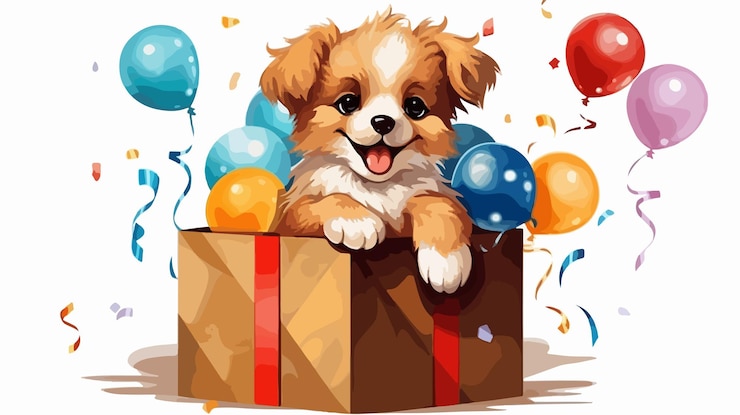 Vector ilustración vectorial de dibujos animados de la caja de celebración de cachorros juguetones