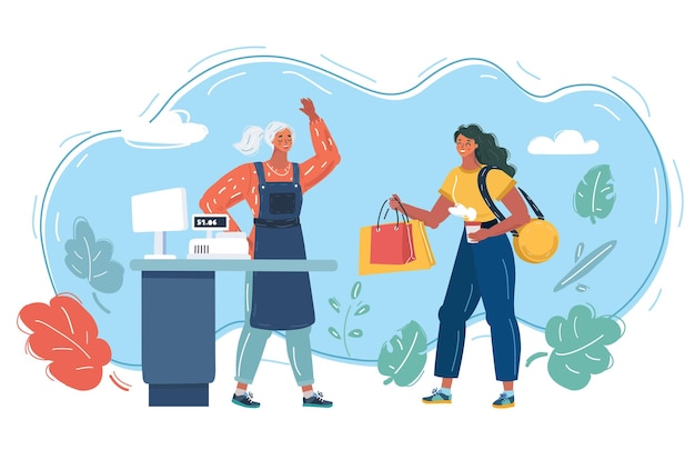 Ilustración vectorial de dibujos animados del cajero y el comprador en una tienda de ropa