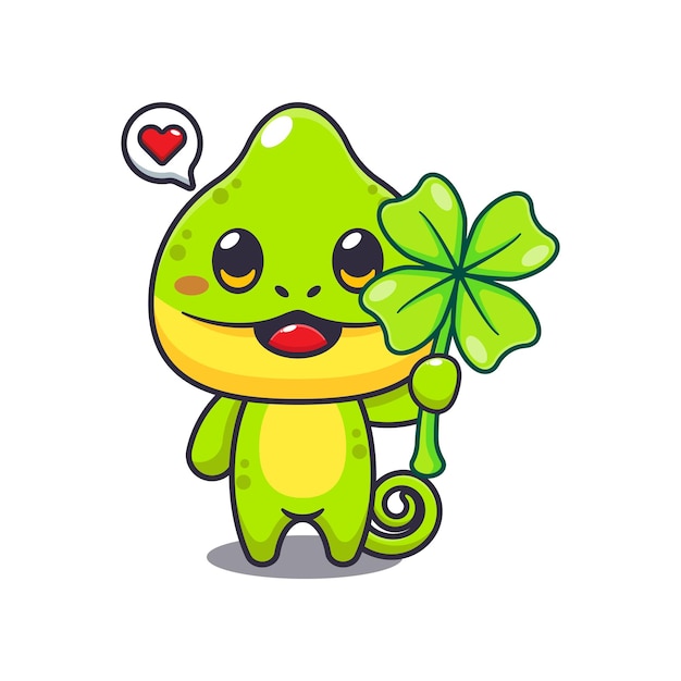 Ilustración vectorial de dibujos animados de camaleón con hoja de trébol