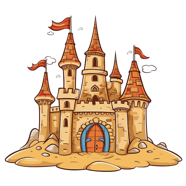 Ilustración vectorial de dibujos animados de castillo de arena dibujado a mano clipart fondo blanco