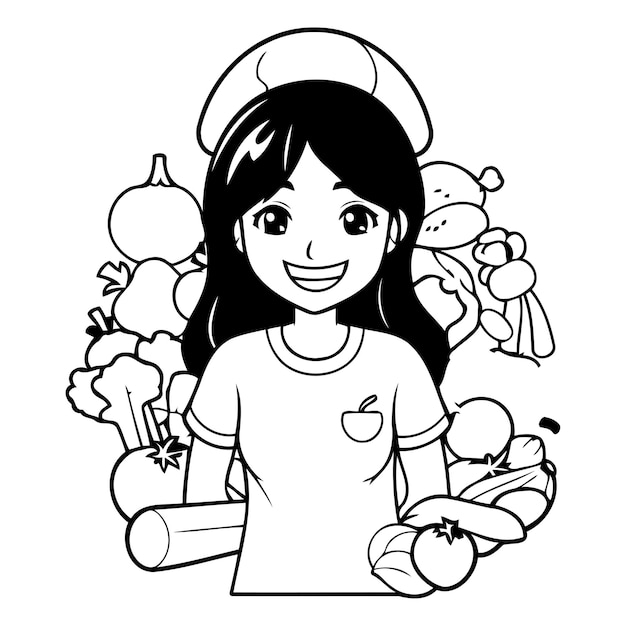 Vector ilustración vectorial de dibujos animados de una chef sonriente con verduras y frutas