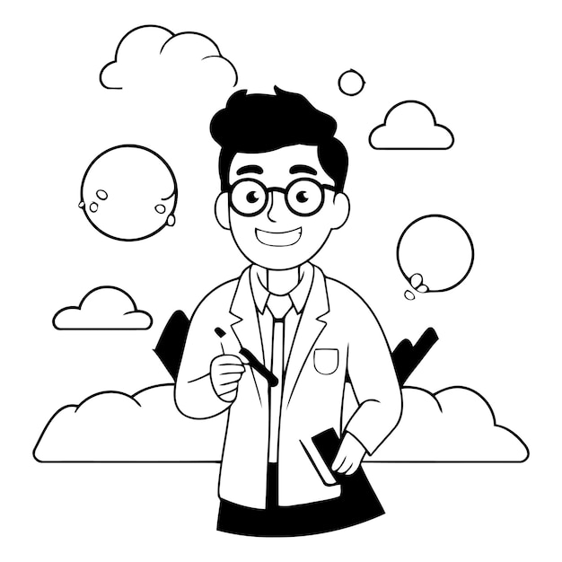 Ilustración vectorial de dibujos animados de un científico masculino con una bata blanca y gafas