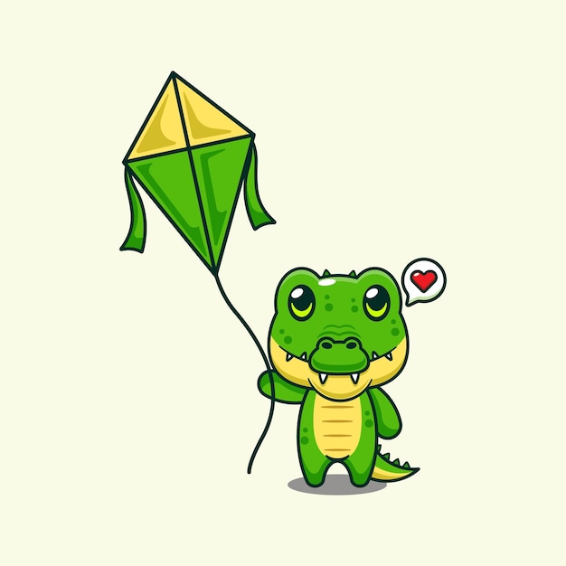 Ilustración vectorial de dibujos animados de cocodrilo jugando a la cometa