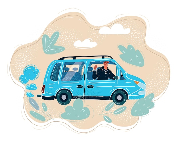 Vector ilustración vectorial de dibujos animados de un conductor de coche sonriendo y conduciendo su coche