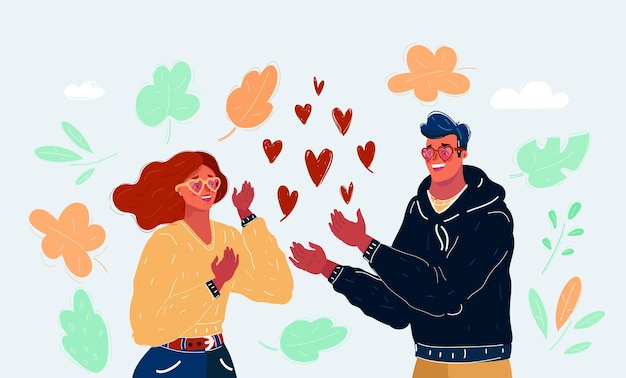 Vector ilustración vectorial de dibujos animados de corazón rojo en manos de mujer y hombre concepto de amor dando regalos pareja romántica feliz