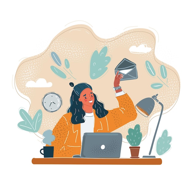 Ilustración vectorial de dibujos animados de correo electrónico recibido Mujer que está sentada en el escritorio acaba de recibir el mensaje
