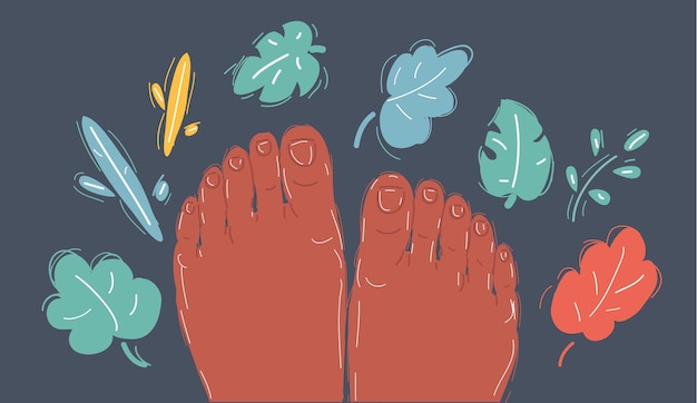 Ilustración vectorial de dibujos animados de dedos de los pies y pies Objeto en fondo oscuro