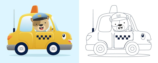 Ilustración vectorial de dibujos animados divertido gato conduciendo taxi libro para colorear o página para niños