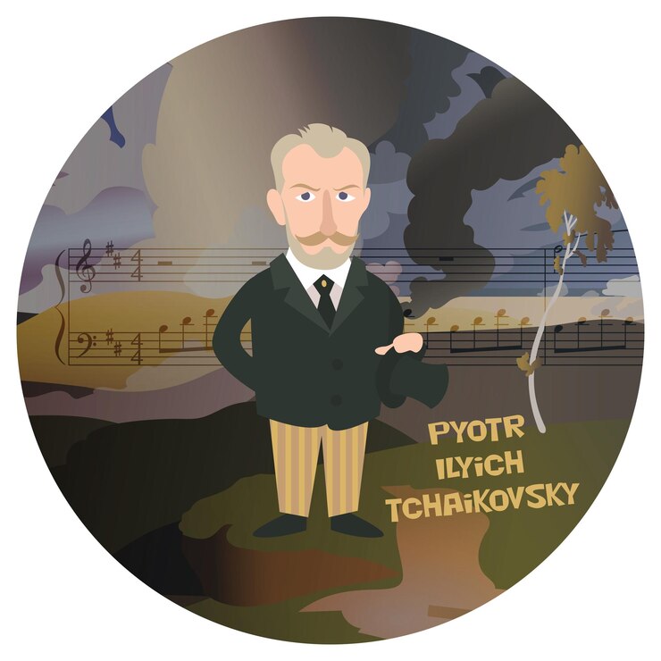 Vector ilustración vectorial de dibujos animados divertidos de pyotr ilyich tchaikovsky histórico famoso compositor romántico