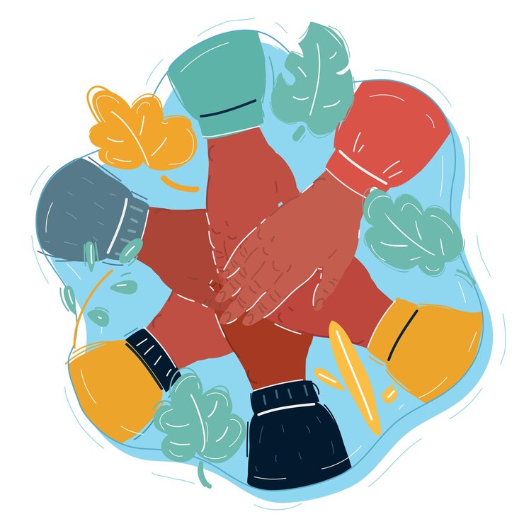 Vector ilustración vectorial de dibujos animados de un equipo de negocios internacional que muestra la unidad con sus manos juntas