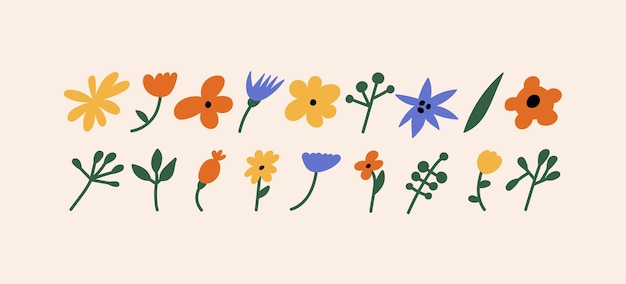 Ilustración vectorial dibujos animados flores coloridas ramas pegatinas groovy para impresión o redes sociales