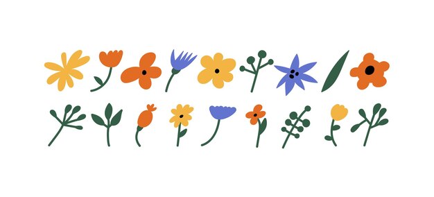 Ilustración vectorial dibujos animados flores coloridas ramas pegatinas groovy para impresión o redes sociales