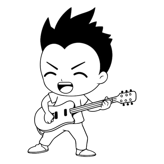 Ilustración vectorial de dibujos animados del guitarrista pequeño y lindo