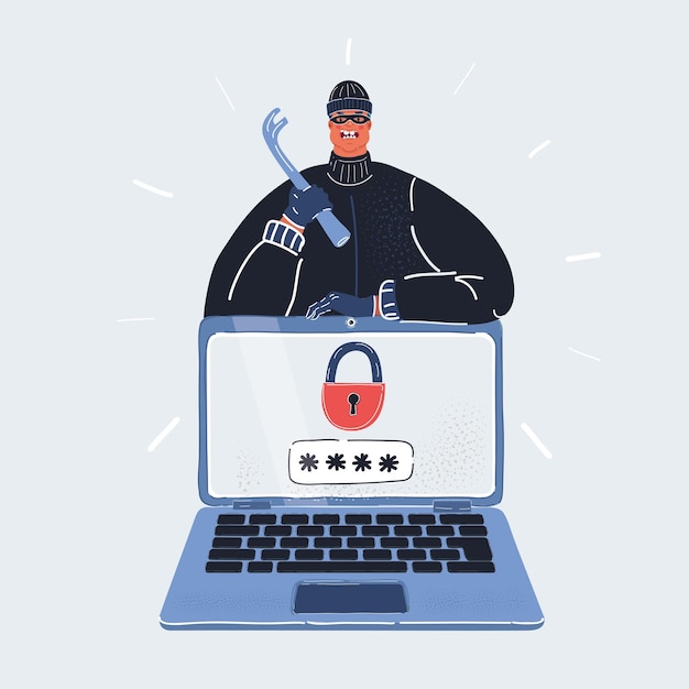 Ilustración vectorial de dibujos animados de Hacker Outlaw Man con una gran computadora tratando de hackear la contraseña sobre fondo blanco