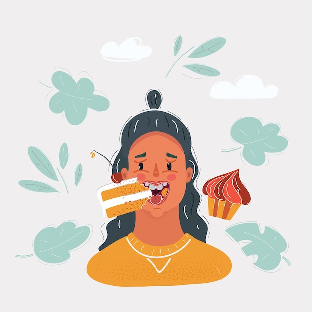 Vector ilustración vectorial de dibujos animados de una hermosa joven comiendo pastel sobre un fondo blanco