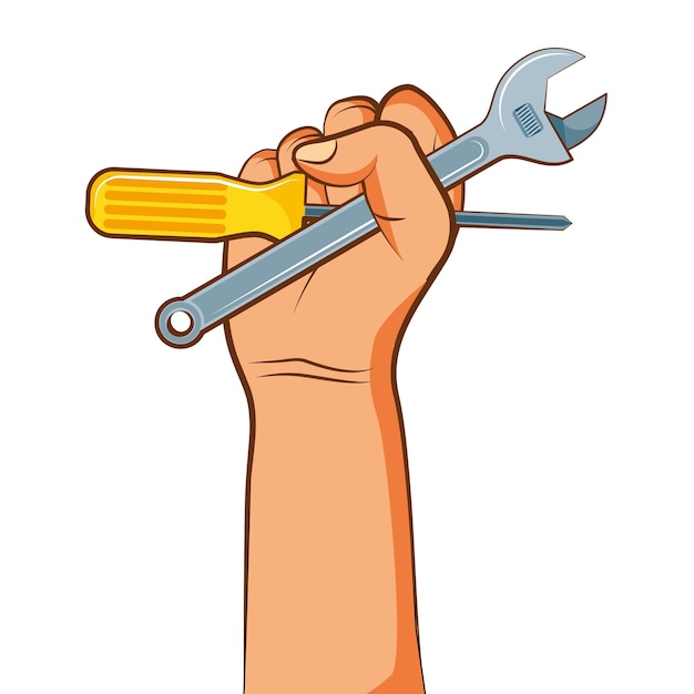 Ilustración vectorial de dibujos animados con herramientas en la mano