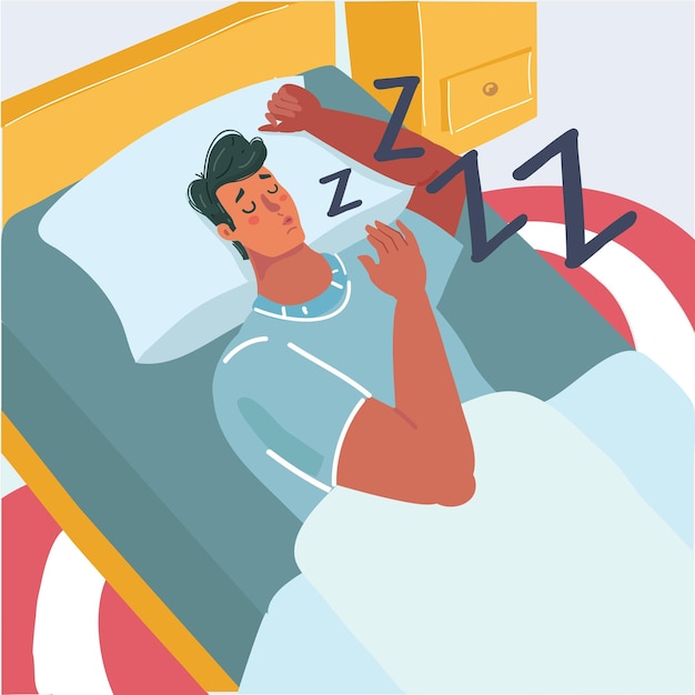Ilustración vectorial de dibujos animados de un hombre durmiendo en la cama Vista en primer plano Hombre resoplando