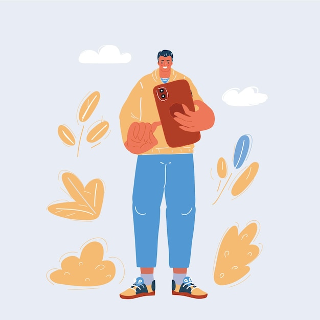 Ilustración vectorial de dibujos animados de un hombre mirando su teléfono celular