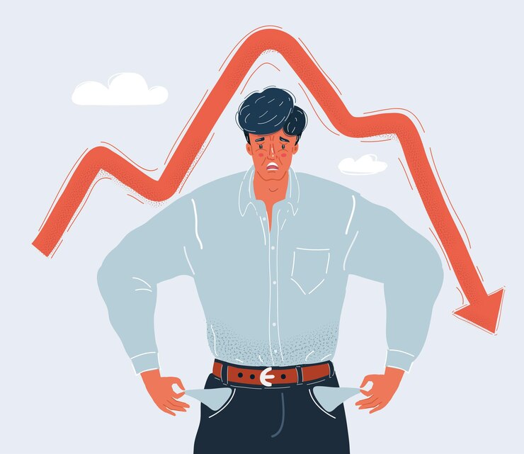 Vector ilustración vectorial de dibujos animados de un hombre de negocios que muestra su bolsillo vacío volteando su bolsillo al revés sin concepto de dinero la economía está cayendo personaje en fondo blanco