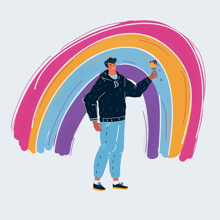 Vector ilustración vectorial de dibujos animados de el hombre pinta el arco iris con pincel sobre fondo blanco