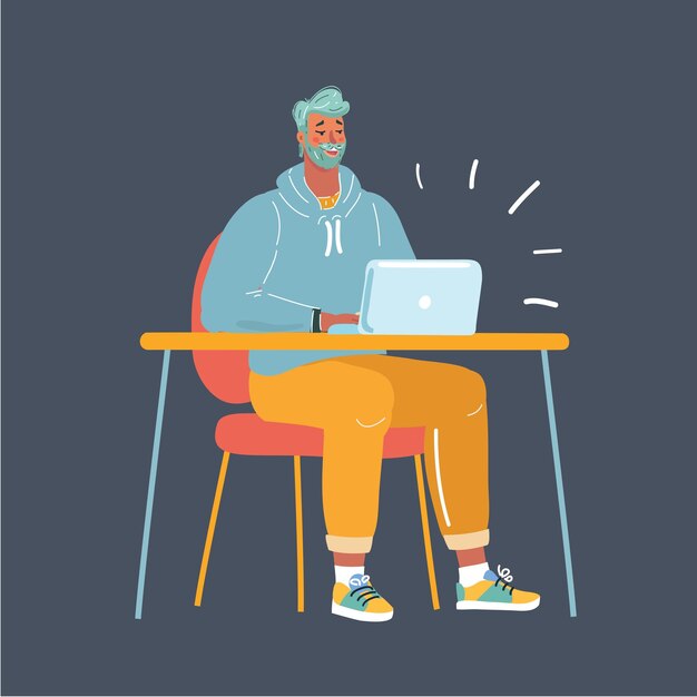 Ilustración vectorial de dibujos animados de un hombre trabajando tarde en la noche en el portátil Carácter humano sobre fondo oscuro