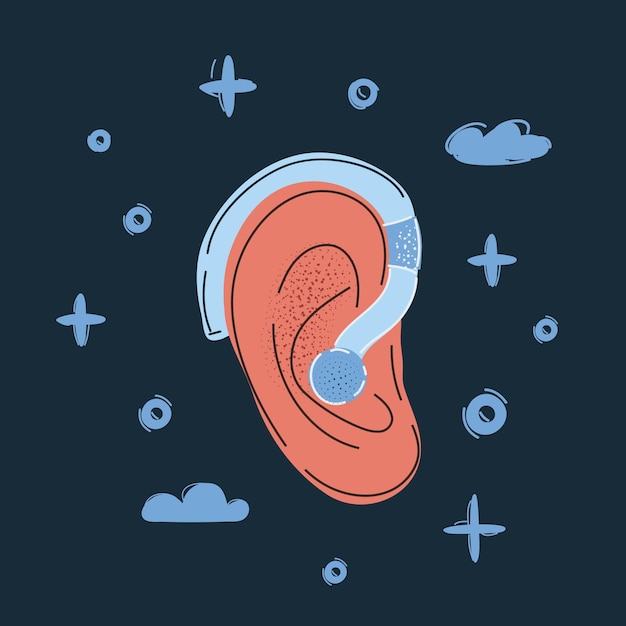 Ilustración vectorial de dibujos animados del icono del oído Símbolo del audífono aislado en fondo oscuro